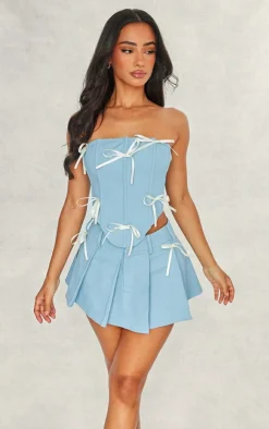 Discount PrettyLittleThing Petite Woven Pleated Mini Skirt With Bow Details Blue