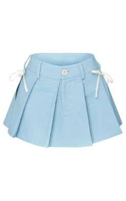 Discount PrettyLittleThing Petite Woven Pleated Mini Skirt With Bow Details Blue