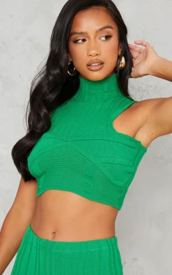 Discount PrettyLittleThing Petite Knitted Cup Detail High Neck Crop Top Bright Green