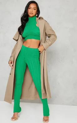 Discount PrettyLittleThing Petite Knitted Cup Detail High Neck Crop Top Bright Green