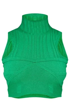 Discount PrettyLittleThing Petite Knitted Cup Detail High Neck Crop Top Bright Green