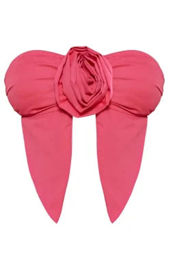 Discount PrettyLittleThing Petite Bandeau Crop Top With Flower Detail Bright Pink