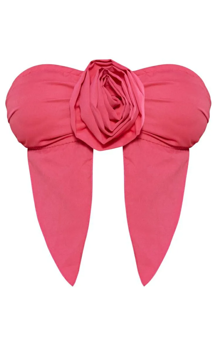Discount PrettyLittleThing Petite Bandeau Crop Top With Flower Detail Bright Pink