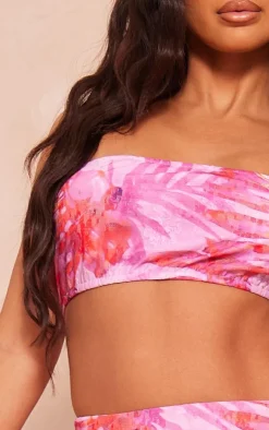 Discount PrettyLittleThing Petite Floral Bandeau Tie Back Top Bright Pink