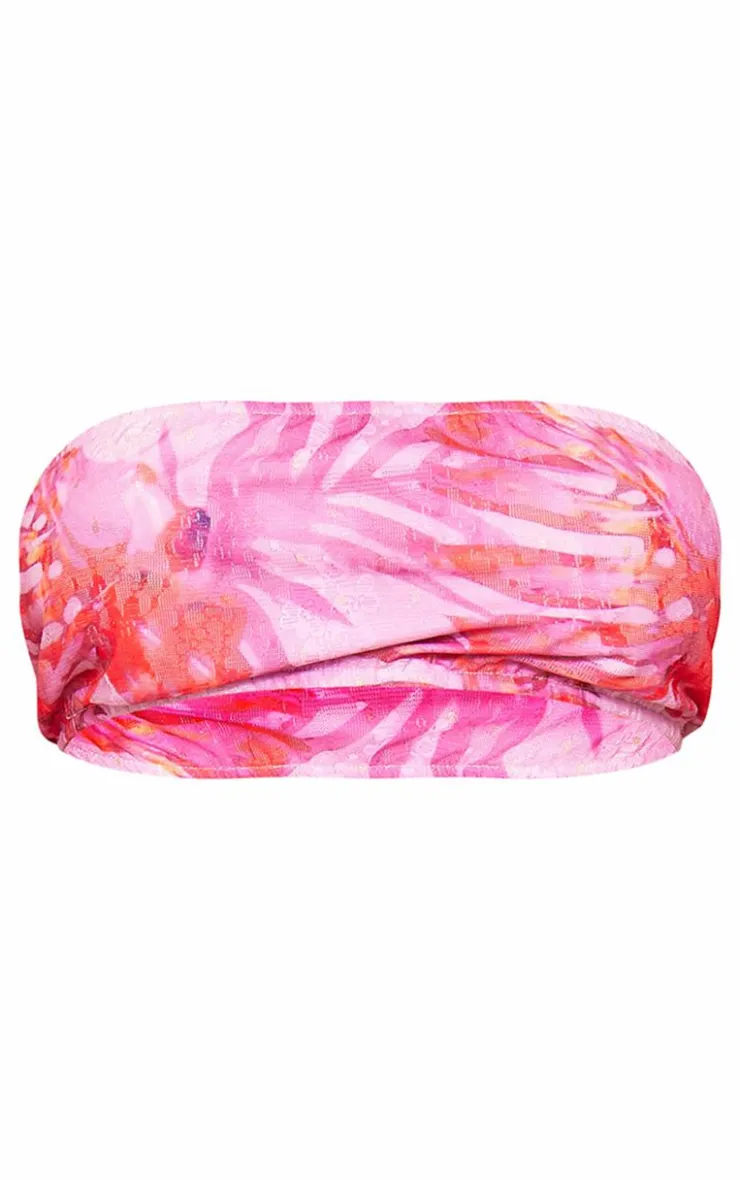 Discount PrettyLittleThing Petite Floral Bandeau Tie Back Top Bright Pink