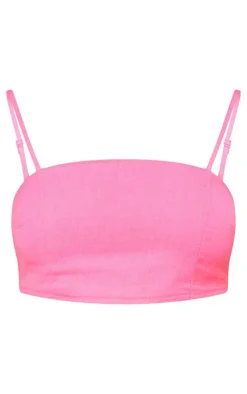 New PrettyLittleThing Petite Linen Look Crop Top Bright Pink