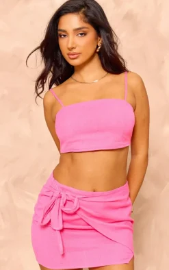 Online PrettyLittleThing Petite Linen Look Wrap Around Mini Skirt Bright Pink
