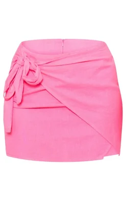 Online PrettyLittleThing Petite Linen Look Wrap Around Mini Skirt Bright Pink