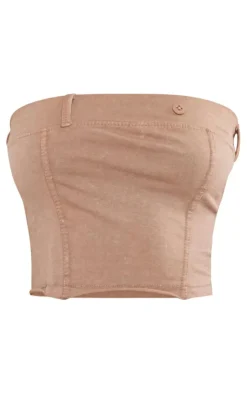 Sale PrettyLittleThing Petite Acid Wash Bandeau Top Brown