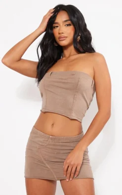Hot PrettyLittleThing Petite Acid Wash Micro Mini Skirt Brown
