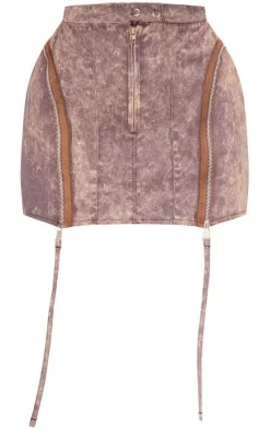 PrettyLittleThing Petite Acid Wash Zip Detail Mini Skirt Brown