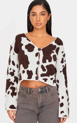 PrettyLittleThing Cardigans*Petite Cow Print Knitted Cropped Cardigan