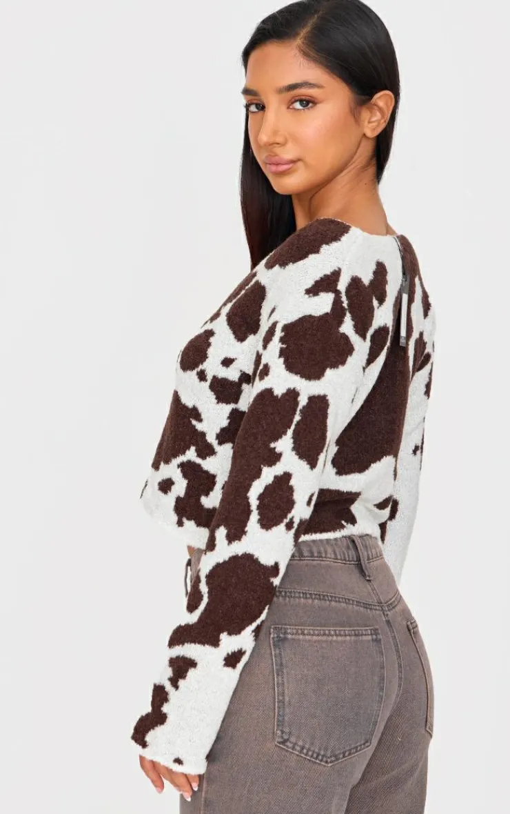 PrettyLittleThing Cardigans*Petite Cow Print Knitted Cropped Cardigan