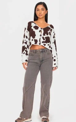 PrettyLittleThing Cardigans*Petite Cow Print Knitted Cropped Cardigan