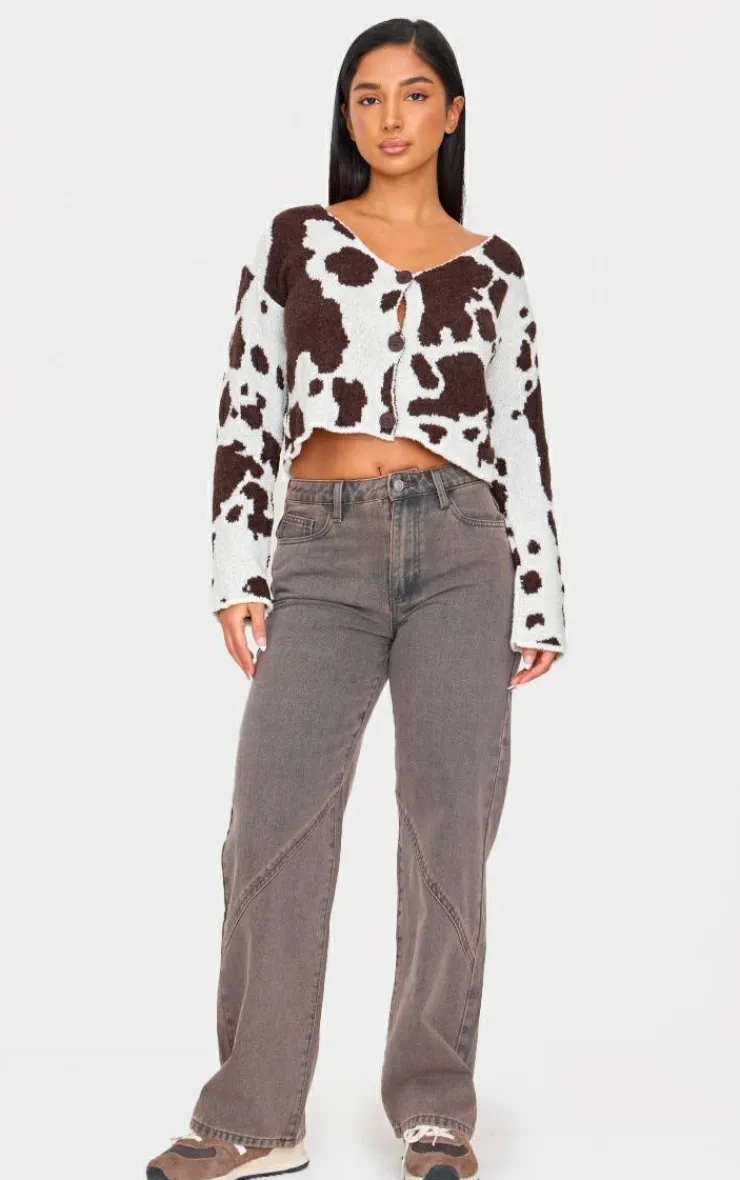 PrettyLittleThing Cardigans*Petite Cow Print Knitted Cropped Cardigan