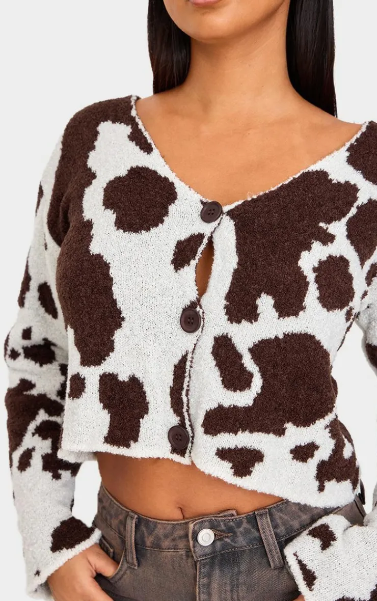 PrettyLittleThing Cardigans*Petite Cow Print Knitted Cropped Cardigan