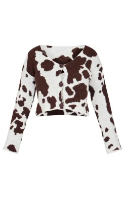 PrettyLittleThing Cardigans*Petite Cow Print Knitted Cropped Cardigan