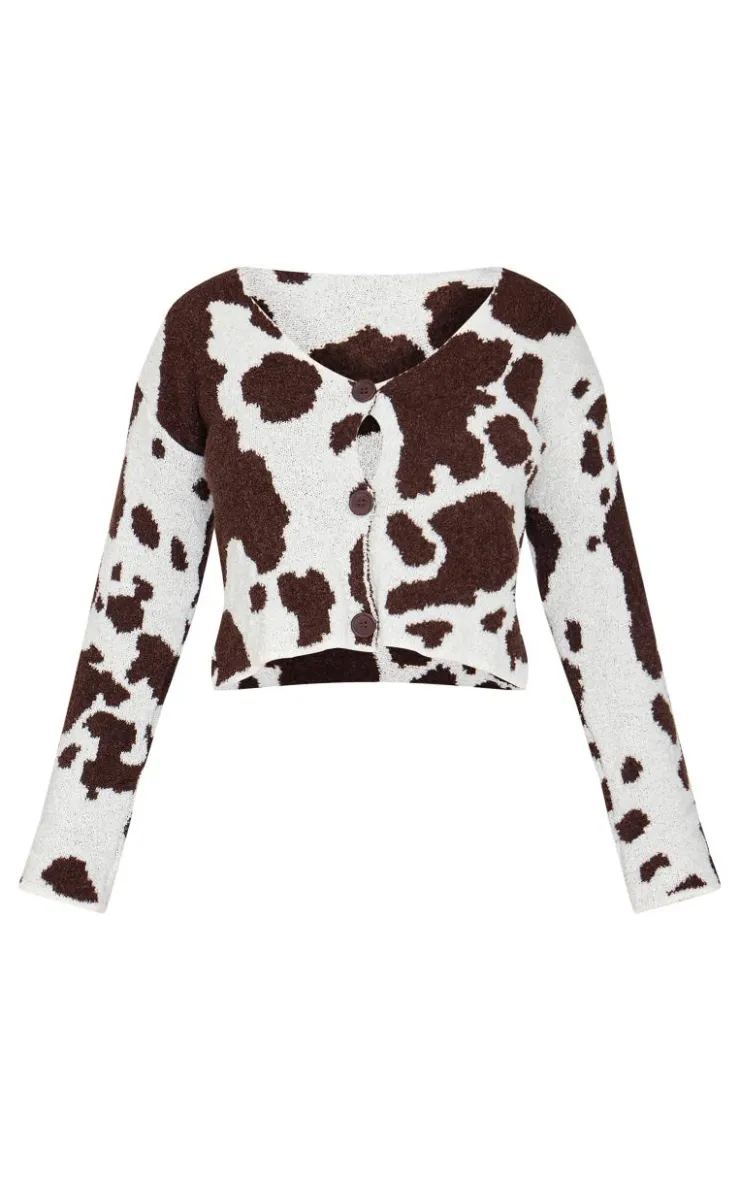 PrettyLittleThing Cardigans*Petite Cow Print Knitted Cropped Cardigan