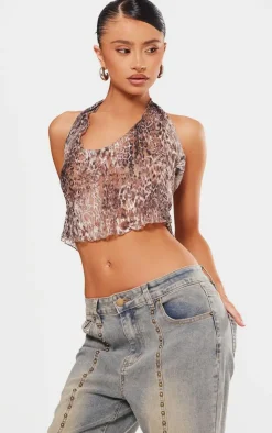 PrettyLittleThing Sleeveless Tops*Petite Crushed Lace Halterneck Crop Top