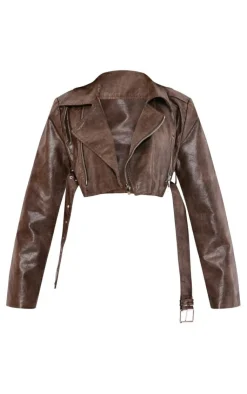 PrettyLittleThing Faux Leather Jackets*Petite Faux Washed Leather Super Cropped Belted Biker Jacket