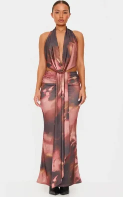 Best PrettyLittleThing Petite Floral Print Drape Detail Maxi Skirt Brown