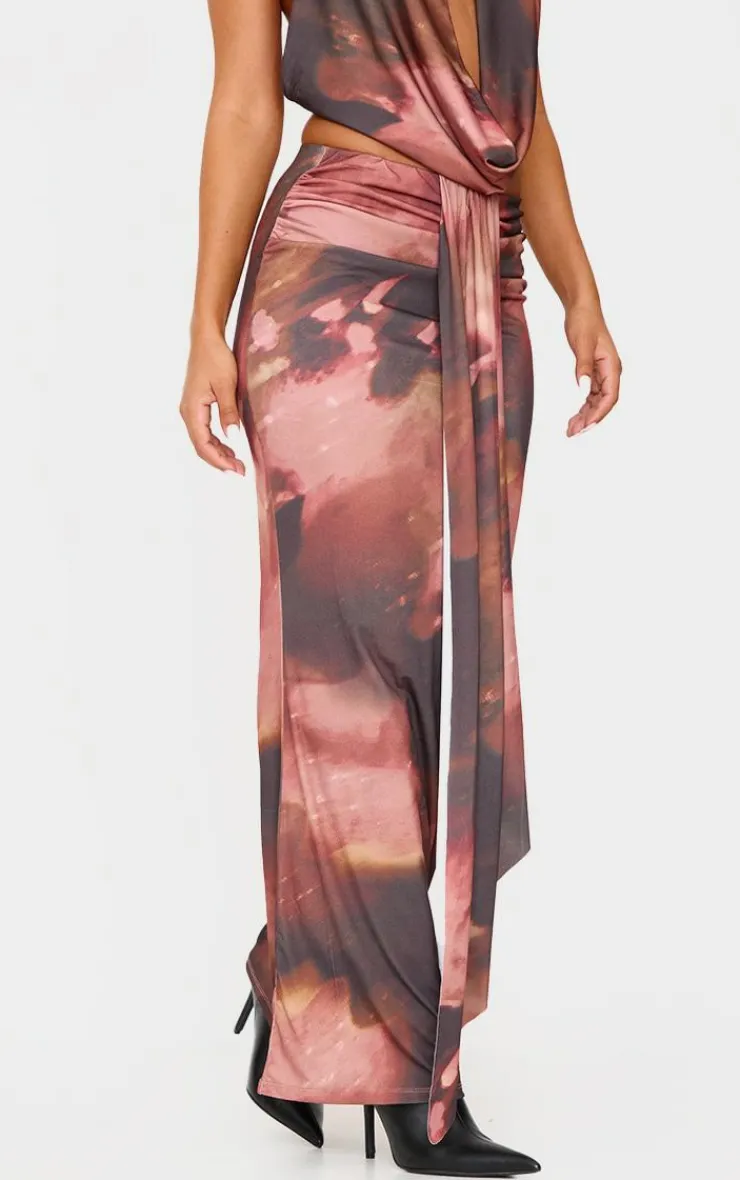 Best PrettyLittleThing Petite Floral Print Drape Detail Maxi Skirt Brown