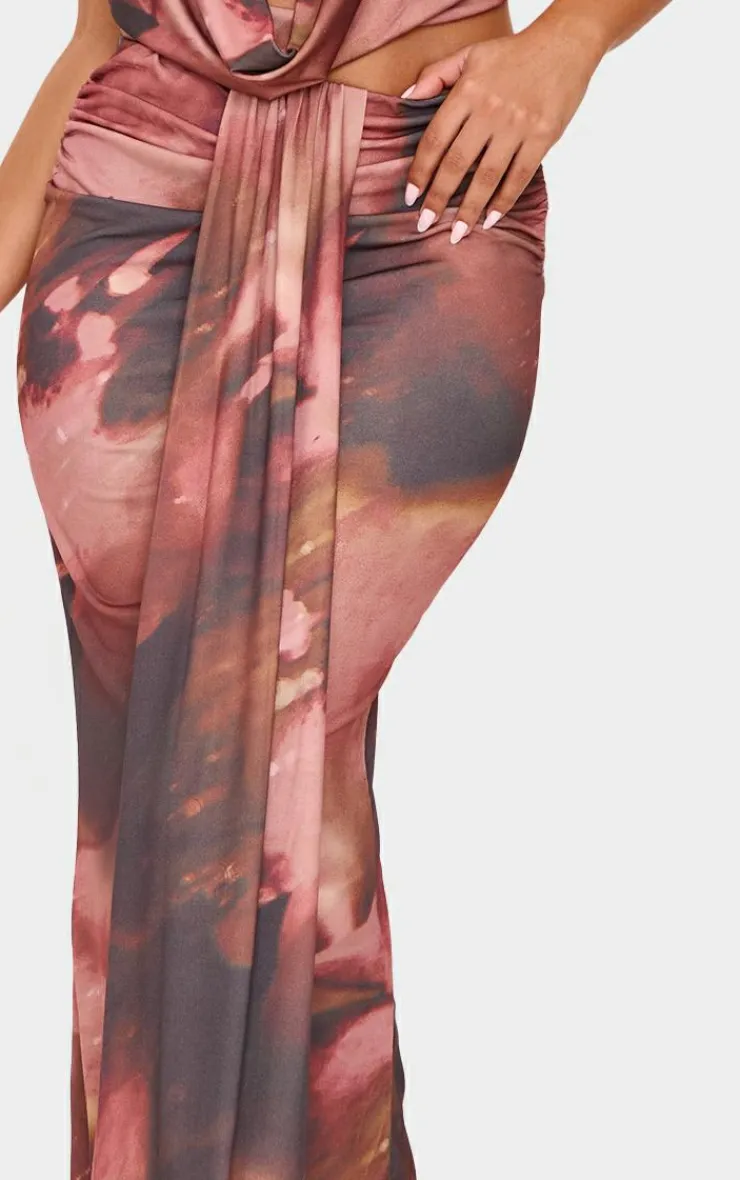 Best PrettyLittleThing Petite Floral Print Drape Detail Maxi Skirt Brown