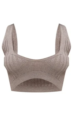 Sale PrettyLittleThing Petite Knitted Crop Top Brown