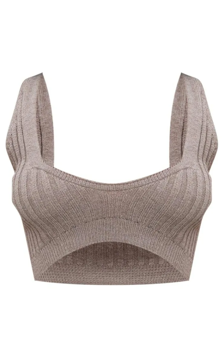 Sale PrettyLittleThing Petite Knitted Crop Top Brown