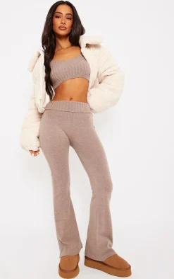 Outlet PrettyLittleThing Petite Knitted Fold Over Waist Flared Pants Brown