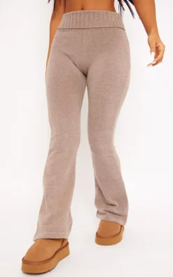 Outlet PrettyLittleThing Petite Knitted Fold Over Waist Flared Pants Brown