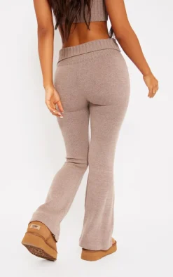 Outlet PrettyLittleThing Petite Knitted Fold Over Waist Flared Pants Brown