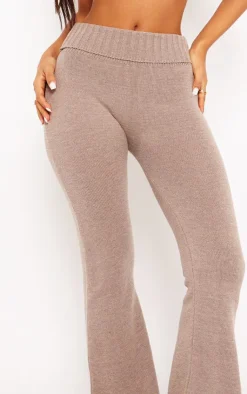 Outlet PrettyLittleThing Petite Knitted Fold Over Waist Flared Pants Brown