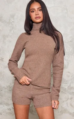New PrettyLittleThing Petite Knitted High Neck Long Top Brown