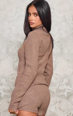 New PrettyLittleThing Petite Knitted High Neck Long Top Brown