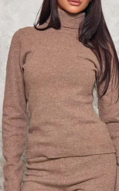 New PrettyLittleThing Petite Knitted High Neck Long Top Brown