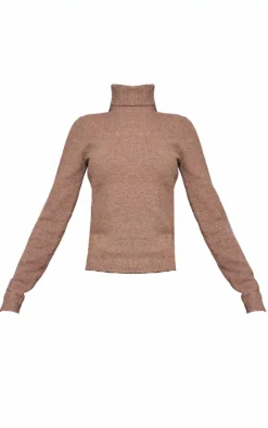 New PrettyLittleThing Petite Knitted High Neck Long Top Brown