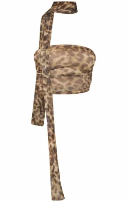 Clearance PrettyLittleThing Petite Leopard Bandeau Crop Top With Scarf Detail Brown