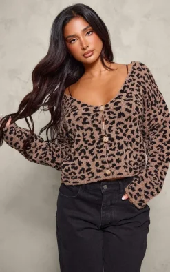 PrettyLittleThing Cardigans*Petite Leopard Print Knitted Cropped Cardigan