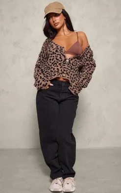 PrettyLittleThing Cardigans*Petite Leopard Print Knitted Cropped Cardigan