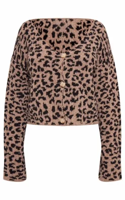PrettyLittleThing Cardigans*Petite Leopard Print Knitted Cropped Cardigan