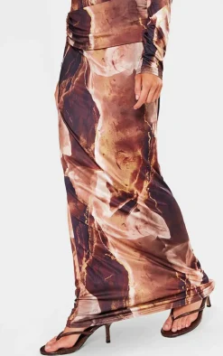 New PrettyLittleThing Petite Slinky Ruched Waistband Maxi Skirt Brown