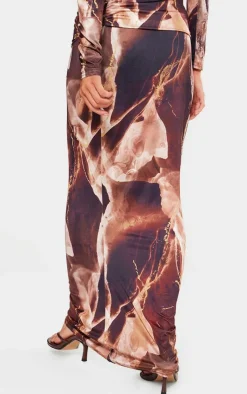 New PrettyLittleThing Petite Slinky Ruched Waistband Maxi Skirt Brown