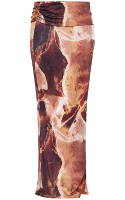 New PrettyLittleThing Petite Slinky Ruched Waistband Maxi Skirt Brown