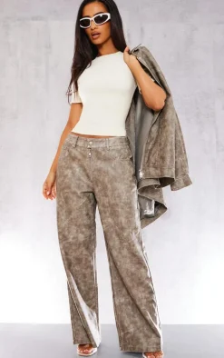 Petite Brown Washed Faux Leather Low Rise Wide Leg Pants