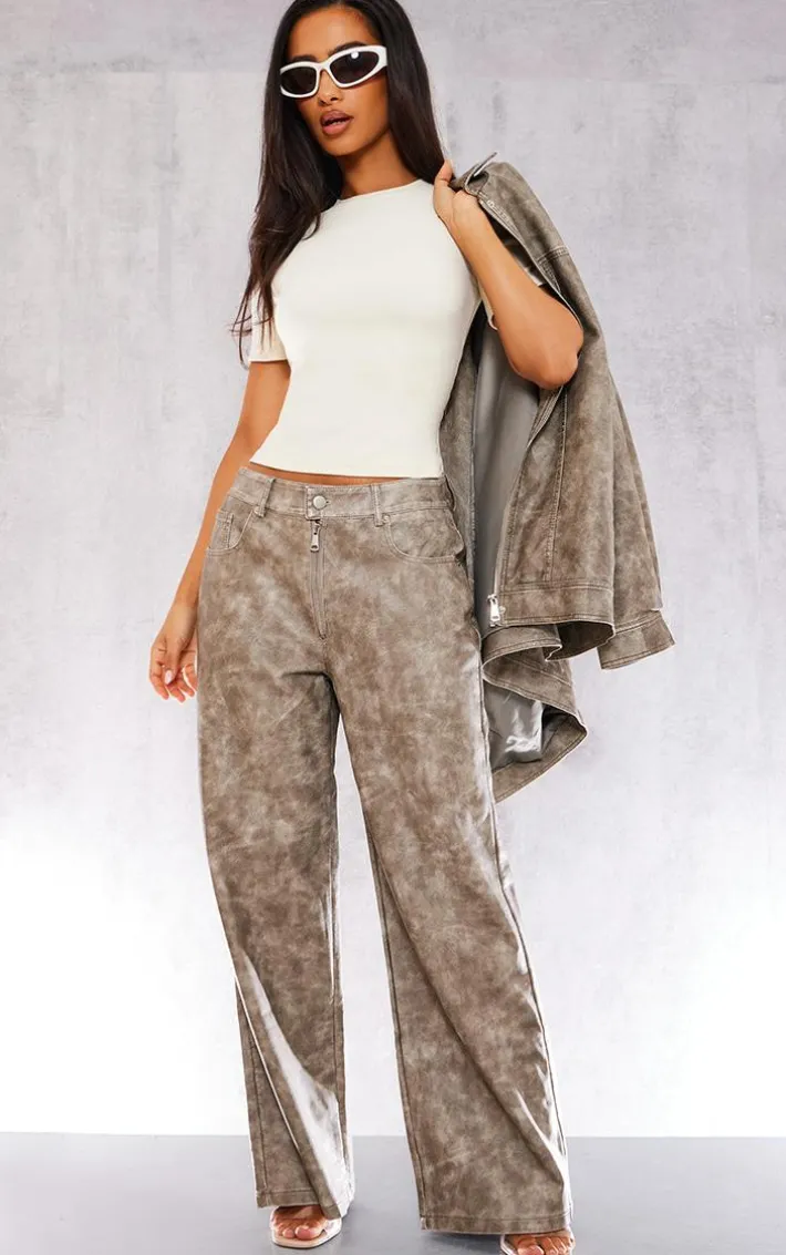 Petite Brown Washed Faux Leather Low Rise Wide Leg Pants