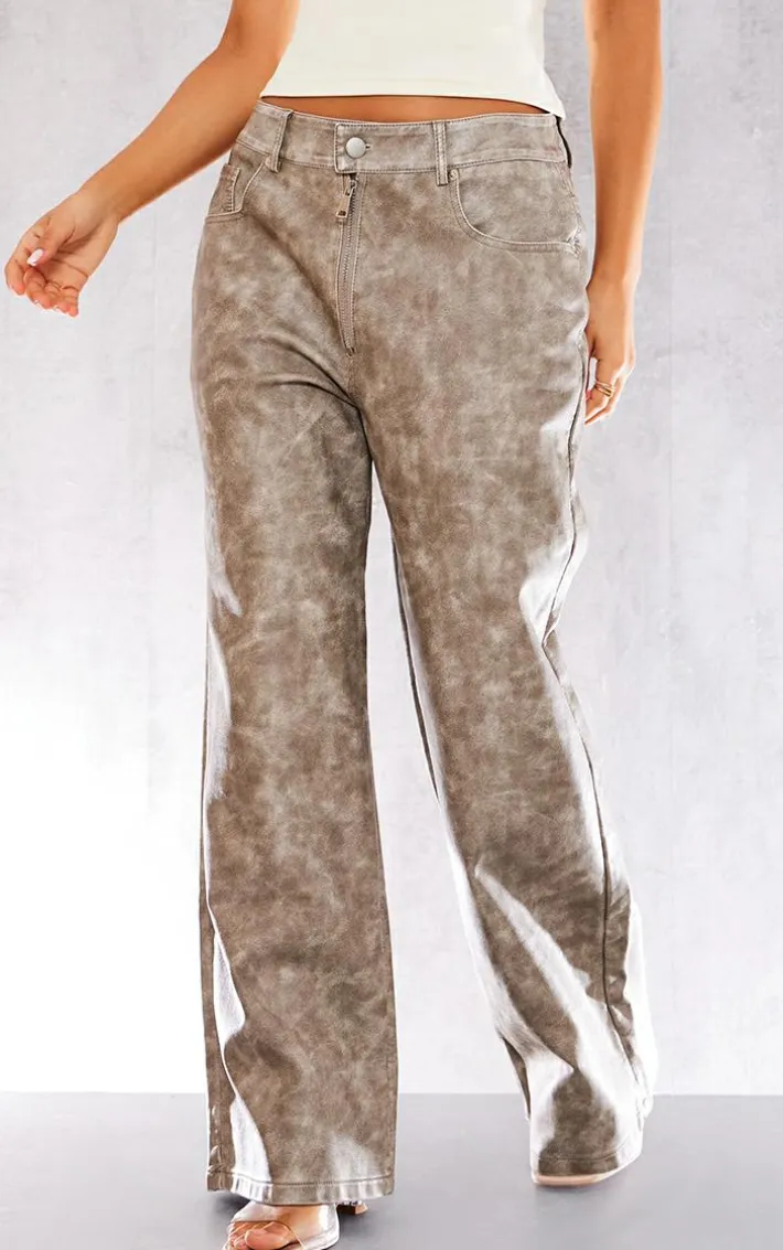 Petite Brown Washed Faux Leather Low Rise Wide Leg Pants