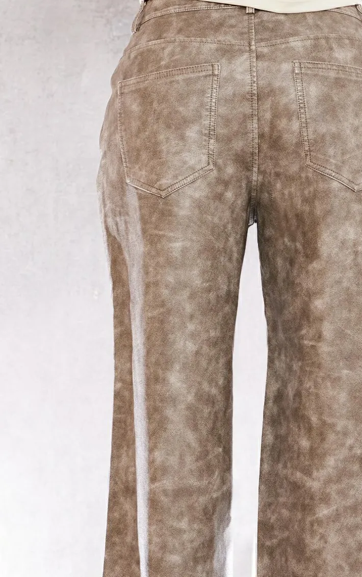 Petite Brown Washed Faux Leather Low Rise Wide Leg Pants