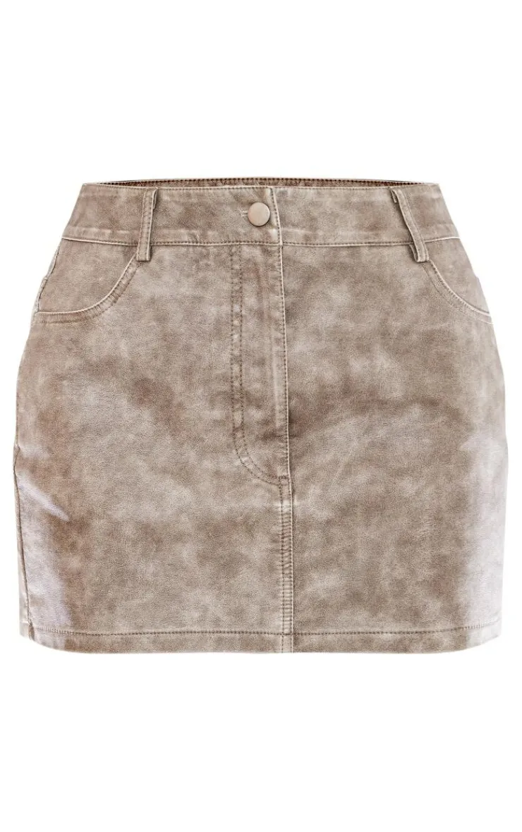 Sale PrettyLittleThing Petite Washed Faux Leather Pocket Mini Skirt Brown