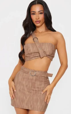 New PrettyLittleThing Petite Woven Extreme Crop Top With Strap Detail Brown